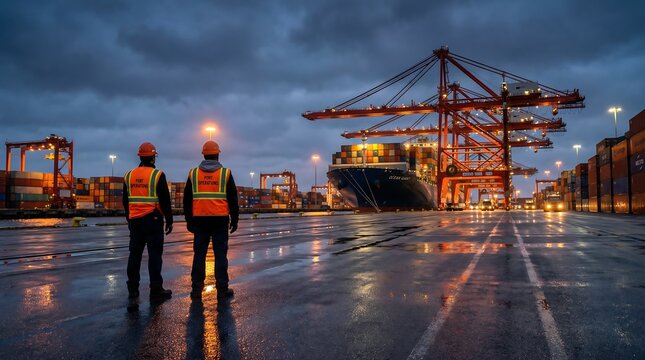 Two port workers in hard hats and safety vests observe a large cargo ship and cranes against a dramatic night sky, emphasizing global logistics.