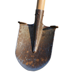 Old rusty shovel with a wooden handle leaning against a white background isolated on transparent background