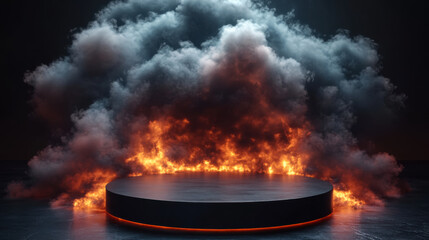 black podium with dramatic scene of fire and smoke rising