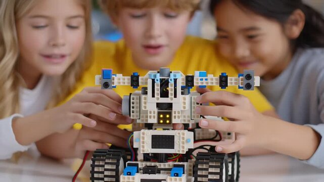 Children assemble a robotic kit at desk, lifting and rotating the frame while attaching parts; the robot moves closer as they align modules and react with focused surprise.