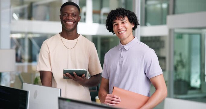 Face, team and smile with business men in office, laugh and creative web designers with tablet. Portrait, happy programmers and cooperation with tech, about us and funny with solidarity in workplace