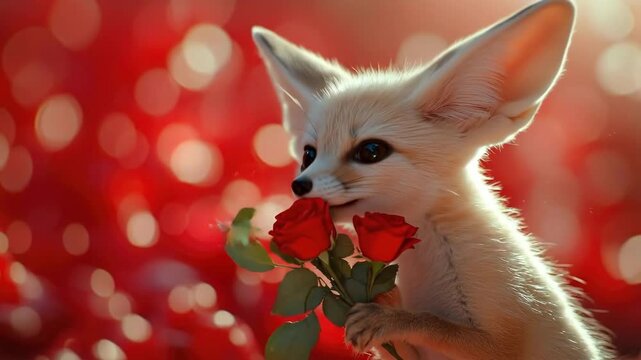Adorable fennec fox holding red roses against blurred bokeh background. The 14th of February. Happy Valentine's Day