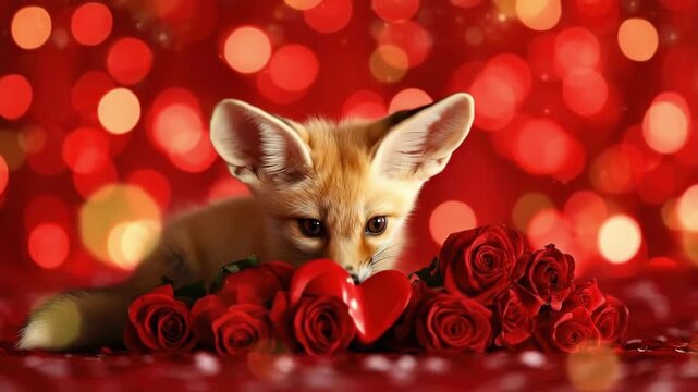 Adorable fennec fox with roses and red heart on vibrant bokeh background. The 14th of February. Happy Valentine's Day