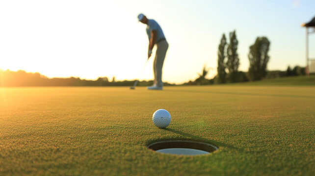 A golfer prepares to putt towards the hole on a lush green golf course
