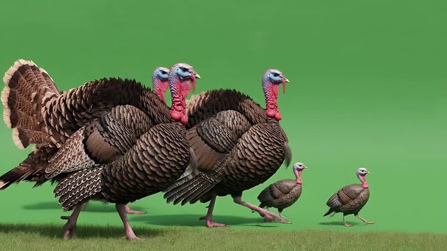 turkeys walking across a bright green grass field