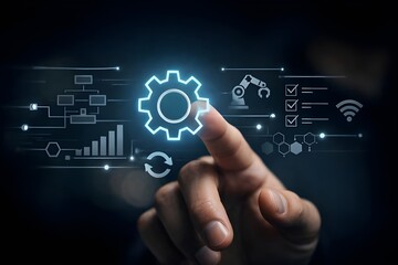Obraz premium Hand touching gear icon for industrial automation and smart manufacturing process