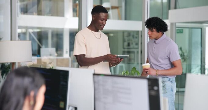 Creative, men and discussion in office with tablet, idea or proposal for digital advertising project. People, talk and tech in workplace with marketing strategy, SEO research or opinion for campaign.