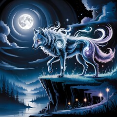 Vector illustration of a dragon and a running horse as black silhouettes in the night