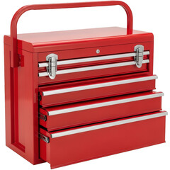 Portable red tool box with three drawers and a carrying handle isolated on transparent background