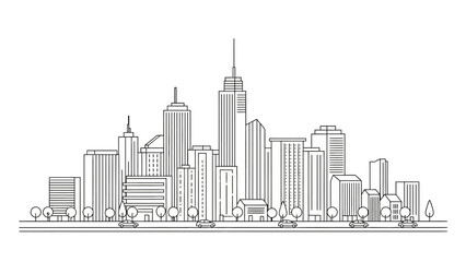 Obraz premium Minimalist Cityscape Outline: Modern Buildings and Trees in Black and White