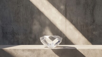 A clear crystal vase sits on a concrete ledge, casting a shadow on the wall behind it.