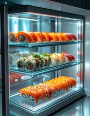 Assorted sushi rolls on display in a modern glass refrigerator with illuminated shelves showcasing various flavors and ingredients from a front viewpoint