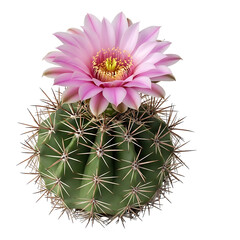 A vibrant pink bloom atop a spiky green cactus in a natural setting