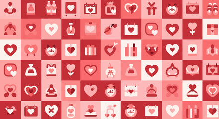 Seamless Love Symbols Grid Pattern on Red and Pink Background Flat Digital Art