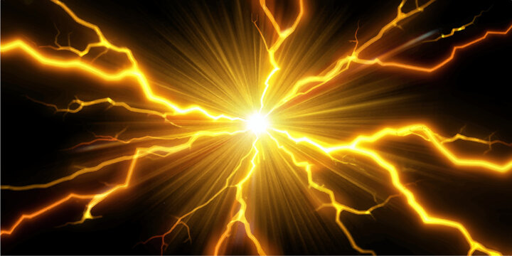 An abstract fractal background featuring glowing orange lightning waves and electric plasma fire motion on a dark black space texture for a powerful artistic illustration