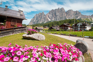 panorama, Dolomiti, montagne, montagna, fiori, case, malga, turismo, 