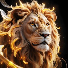 Portrait of a lion head on a black background showcasing the powerful wild feline king with detailed mane and intense expression