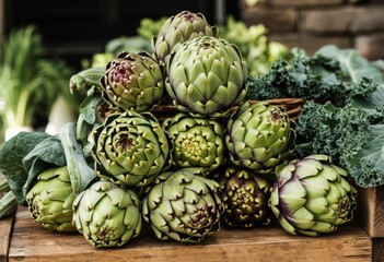 Obraz premium Fresh Artichokes and Green Vegetables: Healthy Food, Market Produce, and Raw Ingredients for a Wholesome Diet