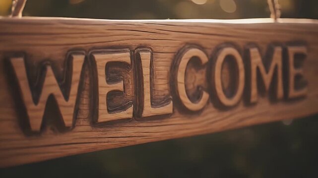 welcome wooden sign on a rustic swing in a warm outdoor setting