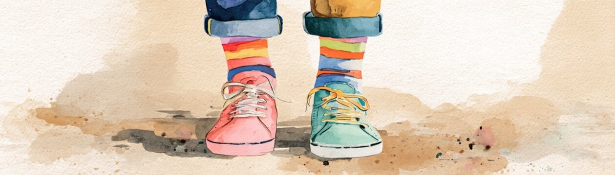 Watercolor painting of two feet wearing mismatched colorful shoes and striped socks on a light, textured background.