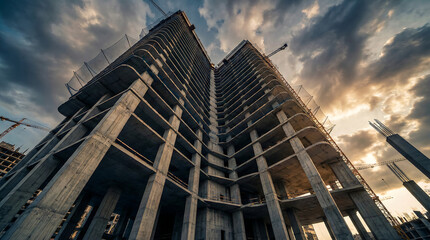 Fototapeta premium Industrial skeletal structure with steel construction framework at twilight, showcasing architectural metal beams in a cityscape during construction