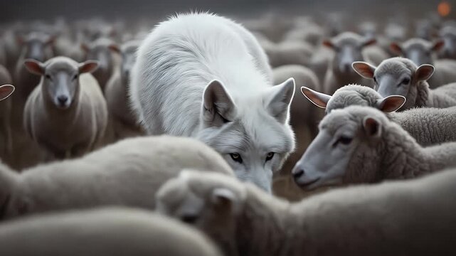white wolf among a flock of sheep in a rural countryside scene