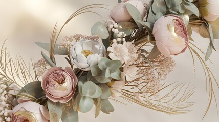 Pink roses bouquet on a white background with floral romantic theme