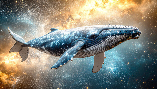 cinematic  realistic  a blue whale floting in the space