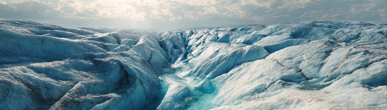 Expansive icy glacier under a cloudy sky, featuring deep crevasses and flowing meltwater streams.