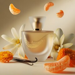 Perfume bottle with golden ribbon and flower isolated on white background