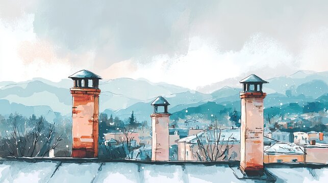 Four brick chimneys on a rooftop with a mountainous landscape in the background under a cloudy sky.