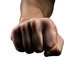 Close-up of a clenched fist with visible knuckles and tense muscles isolated on transparent background