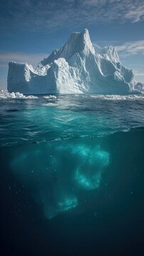 A massive iceberg floats in clear, cold ocean waters beneath a partly cloudy sky, revealing its large submerged base below the surface.