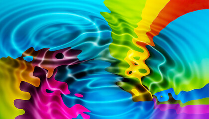 Bright abstract colorful liquid background, circles from a drop on multicolor water