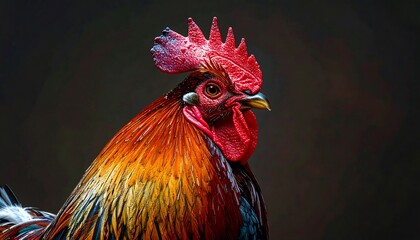 Fototapeta premium Close-up portrait of a vibrant rooster with detailed feathers and a red comb.
