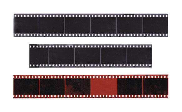 Blank Film Strip Frames Set with Negative and Red Slide Isolated. Set of three vintage film strips with empty frames, including dark negatives and a red-tinted strip. Photo high resolution