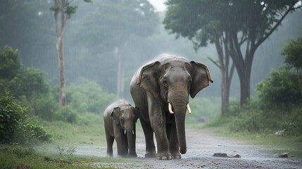 Two elephants walking on a dirt road in a lush green forest during a heavy rain shower, with mist and water droplets. © Saieem