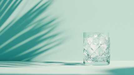 A glass of water with ice cubes and a teal background.