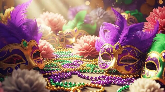 Multiple vibrant Mardi Gras masks with feathers, beads, and flowers celebrating carnival. Festive background for party invitation or event promotion.