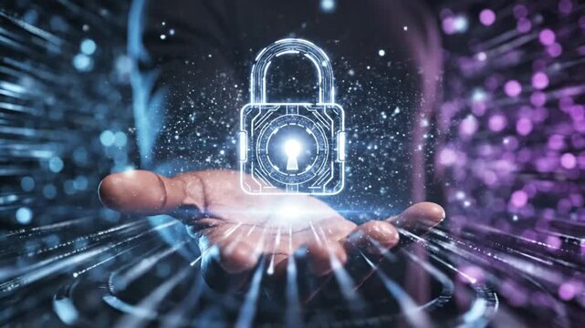 Digital padlock security held in open palm, secure digital data, cybersecurity concepts and protection