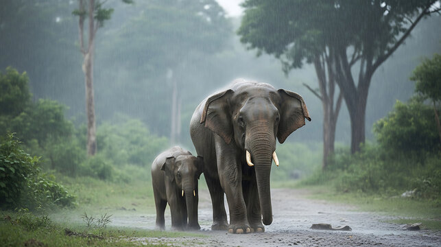 Two elephants walking on a dirt road in a lush green forest during a heavy rain shower, with mist and water droplets.