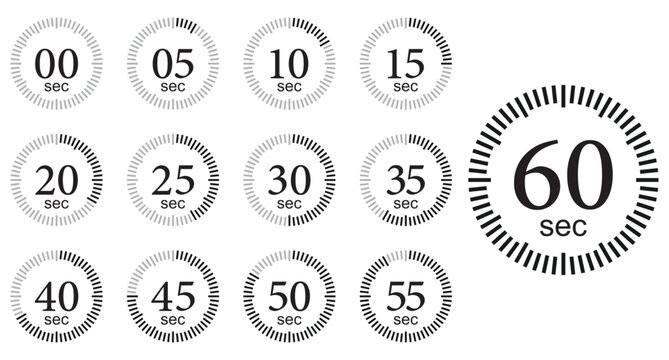 Countdown timer symbol icon set. Second Timer. Timer 0, 5, 10, 15, 20, 25, 30, 35, 40, 45, 50, 55, 60, second icon circle. Stopwatch icons. Vector illustration. 