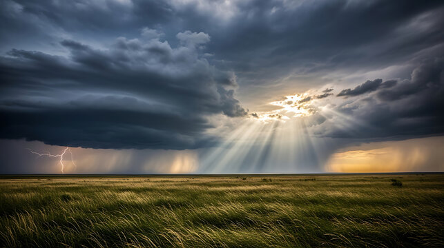 Dramatic storm clouds gather over a grassy plain, with sun rays breaking through and lightning striking in the distance.