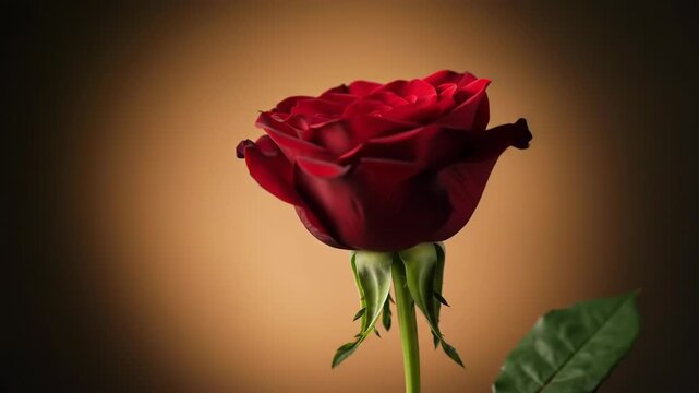 A single red rose on a brown gradient background with green leaves and a long stem
