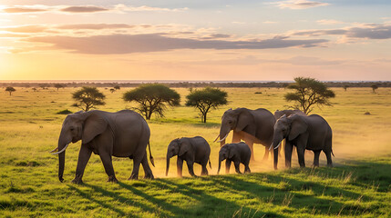 Elephant family walking across the African savanna at sunset, dust kicking up around their feet, with acacia trees in the background.