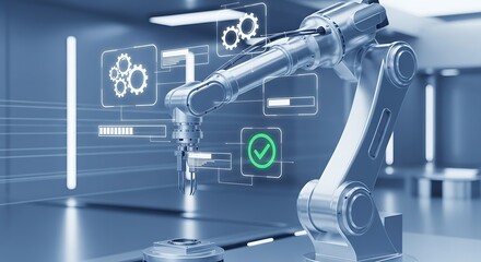 Robotic arm in smart manufacturing environment with digital interface and approval checkmark