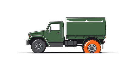 Obraz premium Green military truck with flat tire in side view 