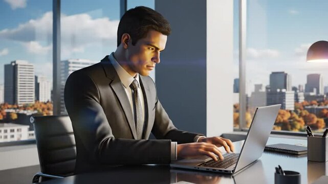 Focused businessman working on laptop at his desk in modern office, cityscape background with autumn trees