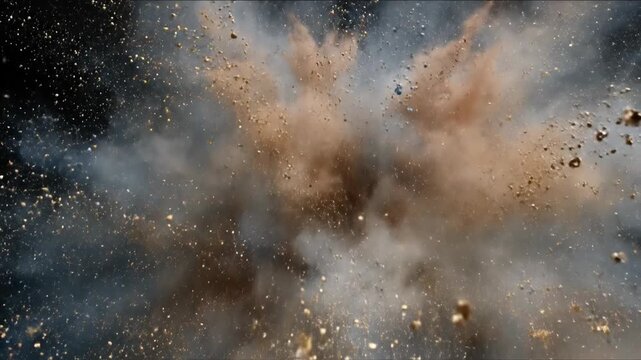 Black cloud particles with white powder burst concept. Close up of powerful explosion with flying debris and smoke in dark background for action and destruction concept