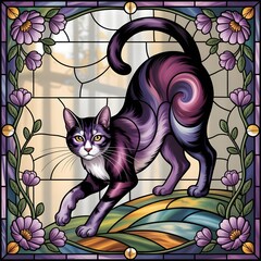 Cute cartoon cat playing with flowers and a butterfly illustration